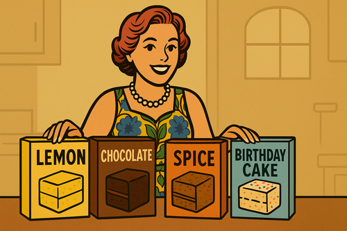 Ash smiling beside a vintage-style cake display featuring slices of vanilla, lemon, and funfetti cake made from homemade boxed cake mix.