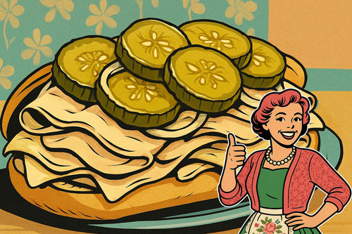 Glass jar filled with classic golden bread and butter pickle slices, packed with cucumbers and onions, photographed in a 1970s James Beard–style kitchen with soft lighting and vintage props.