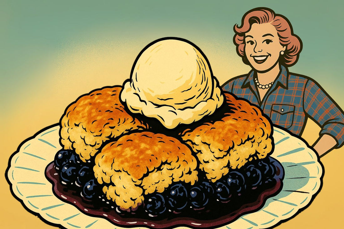Ash smiles beside a warm cobbler baked in a vintage cast iron skillet, bubbling with summer berries and topped with golden biscuit crust.