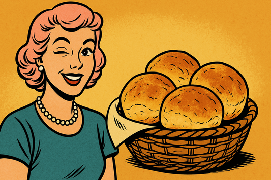 Ash smiling beside a plate of golden-browned angel biscuits, freshly baked with a soft, fluffy texture and served on vintage Monax dishware