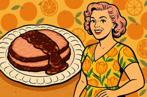 Ash smiling beside a glossy holiday ham glazed with a chocolate-orange mixture, presented on a vintage Monax plate
