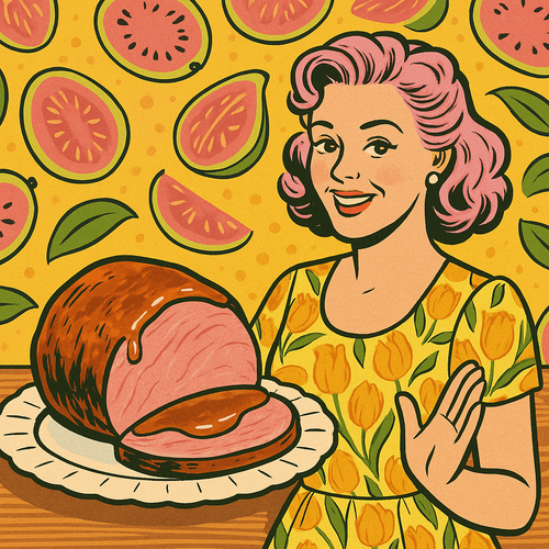 Ash smiling beside a glossy glazed ham with a deep pink guava shine, served on a Monax plate with mid-century presentation