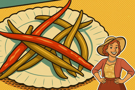 Ash stands beside a plate of vibrant pickled dill beans, featuring green and red beans preserved in jars with garlic cloves, red peppers, and dill, styled in a retro kitchen setting.