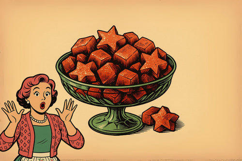 Ash smiling beside a vintage plate of sweet and spiced pickled watermelon rind chunks, glossy and golden with cinnamon and clove — a forgotten community cookbook classic.