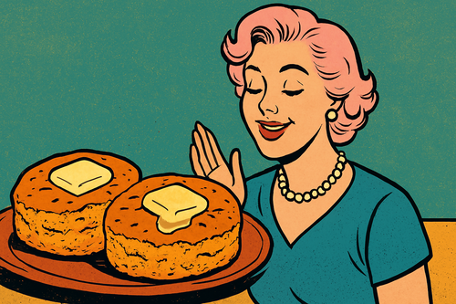 Ash smiling next to a basket of golden-brown sweet potato biscuits, served warm on a Monax plate with a soft vintage glow