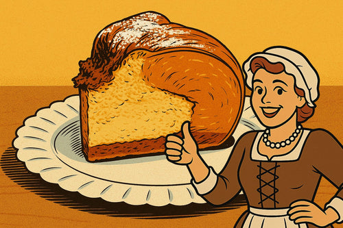 Ash standing beside a golden baked pumpkin pie with rustic 1800s crust style, smiling in vintage autumn attire.