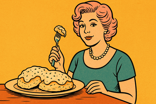 Ash smiling beside a tray of warm, golden homemade biscuits fresh from the oven, styled on a vintage plate with a retro kitchen vibe