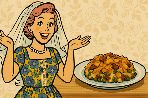 Freshly baked Bride’s Pride Casserole in a vintage white Pyrex dish, with crispy golden topping and visible layers of ground beef and green beans.