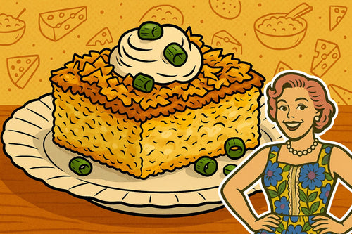 Ash smiling beside a finished casserole dish filled with baked cheese grits, golden and bubbly from the oven