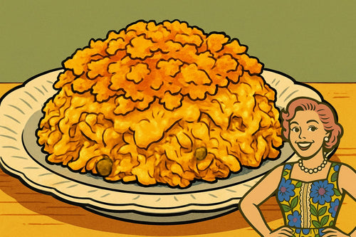 Vintage chicken curry rice casserole in a glass baking dish, topped with golden crushed potato chips
