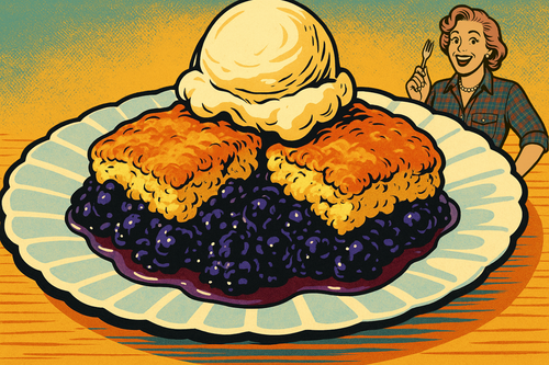 A slice of golden buckle cobbler with fresh berries, topped with sugar crust and served warm on a vintage plate.