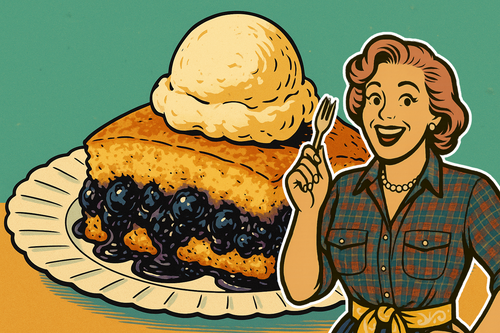 Ash smiling beside a vintage-style Appalachian sonker cobbler, served warm in a rustic baking dish with golden, bubbling fruit filling