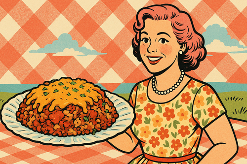 Ash smiling next to a Monax plate of golden-baked Picnic Rice, topped with melted cheese and parsley, styled for a retro summer gathering.