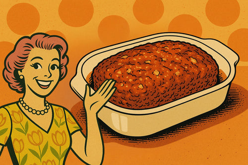 Ash smiling beside a glazed vintage ham loaf, sliced and served on a retro plate, showing its tender texture and golden-baked edges.
