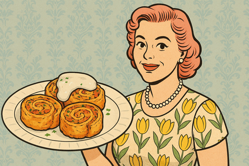 Ash smiling beside a retro plate of golden-baked ham and cheese pinwheels, stacked neatly and ready to serve.