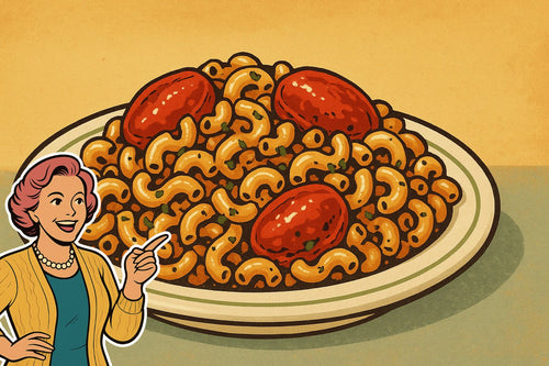 Ash smiling beside a plate of Spanish macaroni with ground beef and stewed tomatoes
