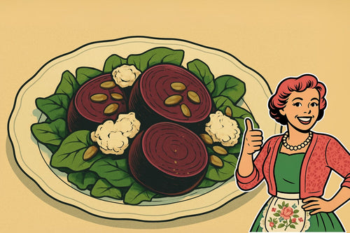 Jars of sliced pickled beets with a deep magenta color, sealed and stacked beside cinnamon sticks, cloves, and fresh beets on a vintage cutting board