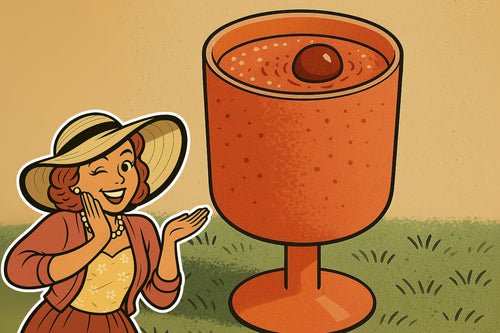 Glass of cherry champagne cocktail with fresh cherry garnish on vintage table