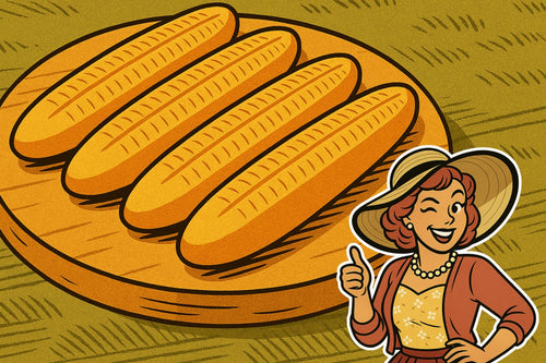 Ash smiling beside a platter of golden homemade corn dogs, freshly fried and served on vintage enamelware.