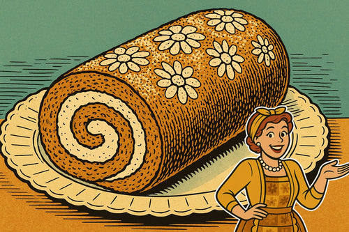 Ash beside a sliced pumpkin roll cake on a vintage plate, swirled with cream cheese filling and dusted with powdered sugar