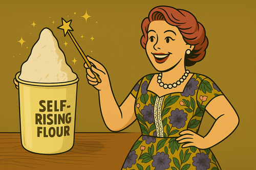 Overhead shot of a glass bowl filled with self-rising flour next to a whisk and vintage measuring spoons on a mid-century table